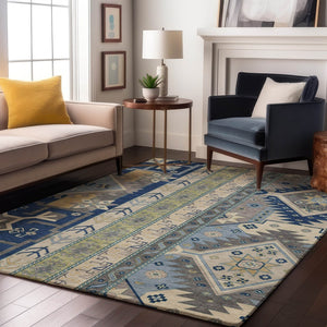 HomeRoots 9' X 12' Southwestern Area Rug in Navy, Beige & Gray - Washable, Durable, UV Protected & Stylish! 679647