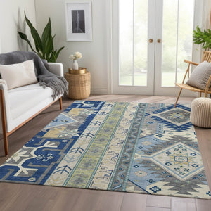 HomeRoots 9' X 12' Southwestern Area Rug in Navy, Beige & Gray - Washable, Durable, UV Protected & Stylish! 679647