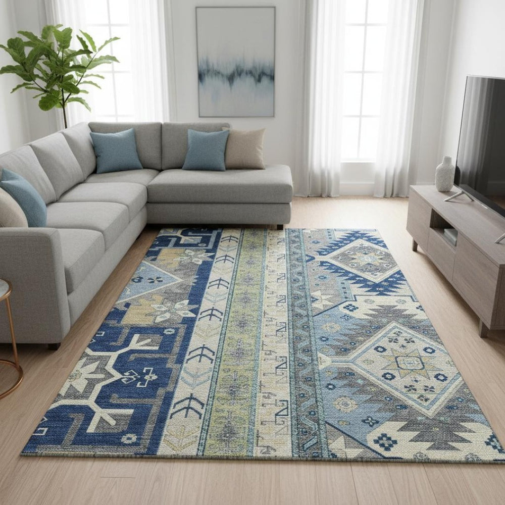 HomeRoots 10' Southwestern-Inspired Area Rug in Navy, Beige & Gray - Durable, Washable, UV-Protected Design 679648