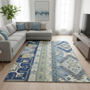 HomeRoots 10' Southwestern-Inspired Area Rug in Navy, Beige & Gray - Durable, Washable, UV-Protected Design 679648