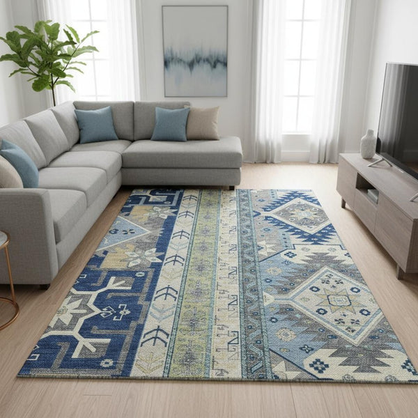 HomeRoots 10' Southwestern-Inspired Area Rug in Navy, Beige & Gray - Durable, Washable, UV-Protected Design 679648