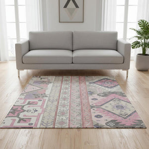 HomeRoots 5' X 8' Pink Ivory and Gray Southwestern Area Rug – Durable, Washable, UV-Protected for Modern Homes 679650