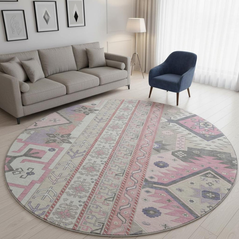HomeRoots 8' Pink Ivory and Gray Southwestern Round Rug - Washable, UV-Protected, Soft, and Stylish Home Accent 679651