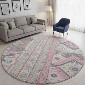 HomeRoots 8' Pink Ivory and Gray Southwestern Round Rug - Washable, UV-Protected, Soft, and Stylish Home Accent 679651