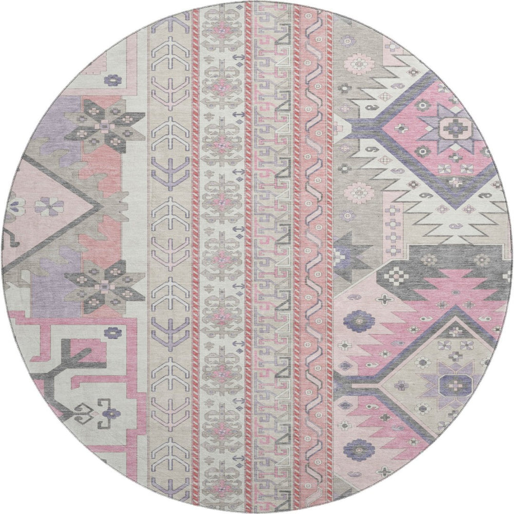 HomeRoots 8' Pink Ivory and Gray Southwestern Round Rug - Washable, UV-Protected, Soft, and Stylish Home Accent 679651