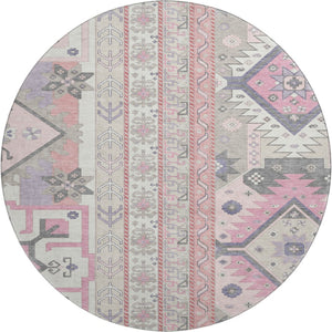 HomeRoots 8' Pink Ivory and Gray Southwestern Round Rug - Washable, UV-Protected, Soft, and Stylish Home Accent 679651