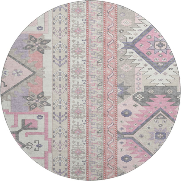 HomeRoots 8' Pink Ivory and Gray Southwestern Round Rug - Washable, UV-Protected, Soft, and Stylish Home Accent 679651