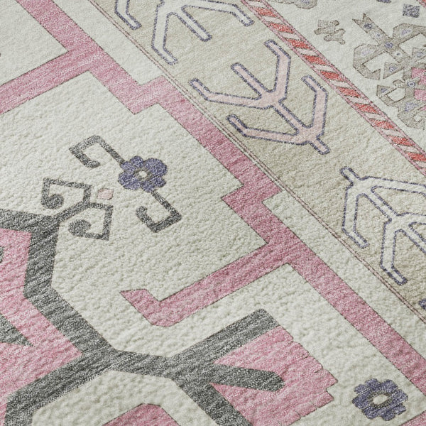 HomeRoots 8' Pink Ivory and Gray Southwestern Round Rug - Washable, UV-Protected, Soft, and Stylish Home Accent 679651