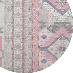 HomeRoots 8' Pink Ivory and Gray Southwestern Round Rug - Washable, UV-Protected, Soft, and Stylish Home Accent 679651