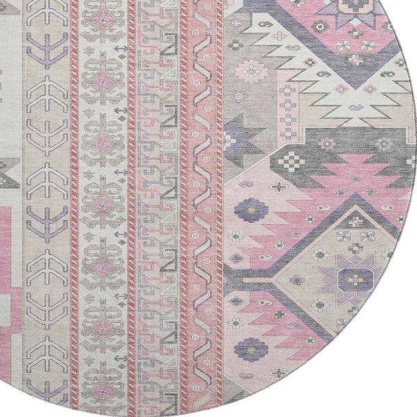 HomeRoots 8' Pink Ivory and Gray Southwestern Round Rug - Washable, UV-Protected, Soft, and Stylish Home Accent 679651