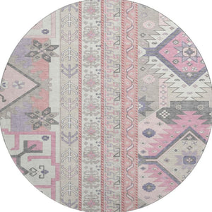 HomeRoots 8' Pink Ivory and Gray Southwestern Round Rug - Washable, UV-Protected, Soft, and Stylish Home Accent 679651