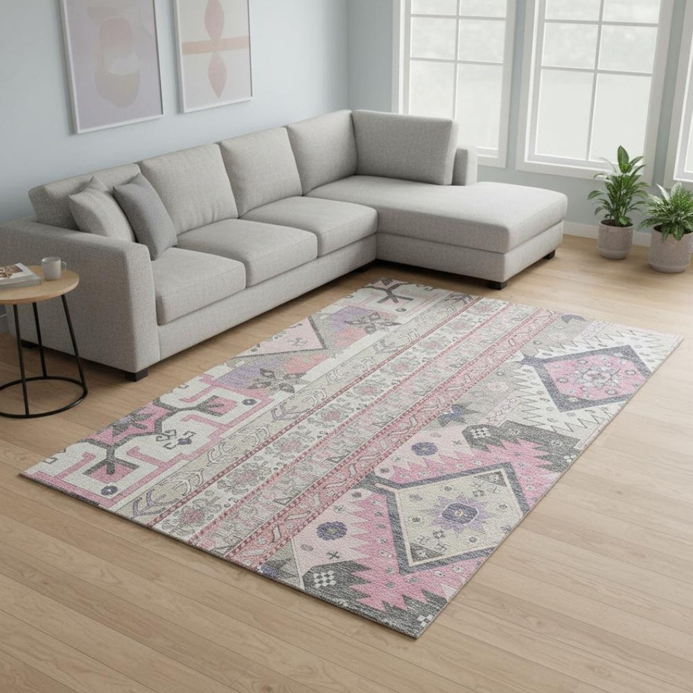 HomeRoots 8' X 10' Southwestern Washable Area Rug in Pink, Ivory & Gray – UV Protected, Stain Resistant & Stylish! 679652