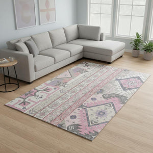 HomeRoots 8' X 10' Southwestern Washable Area Rug in Pink, Ivory & Gray – UV Protected, Stain Resistant & Stylish! 679652