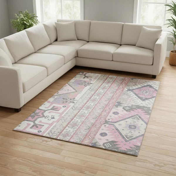 HomeRoots 9' X 12' Southwestern Washable Area Rug in Pink, Ivory & Gray - UV Protection & Stain-Resistant! 679653