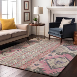 HomeRoots 9' X 12' Southwestern Washable Area Rug in Pink, Ivory & Gray - UV Protection & Stain-Resistant! 679653