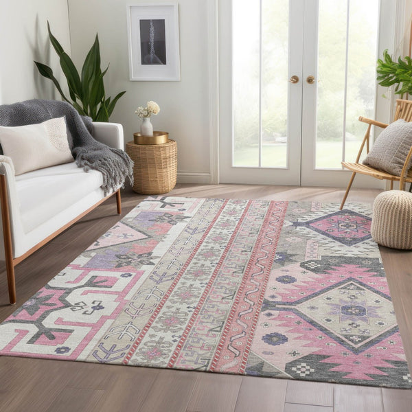 HomeRoots 9' X 12' Southwestern Washable Area Rug in Pink, Ivory & Gray - UV Protection & Stain-Resistant! 679653