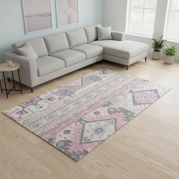 HomeRoots 10' X 14' Pink Ivory and Gray Southwestern Area Rug - Durable, UV Protected, Perfect for Large Spaces! 679654