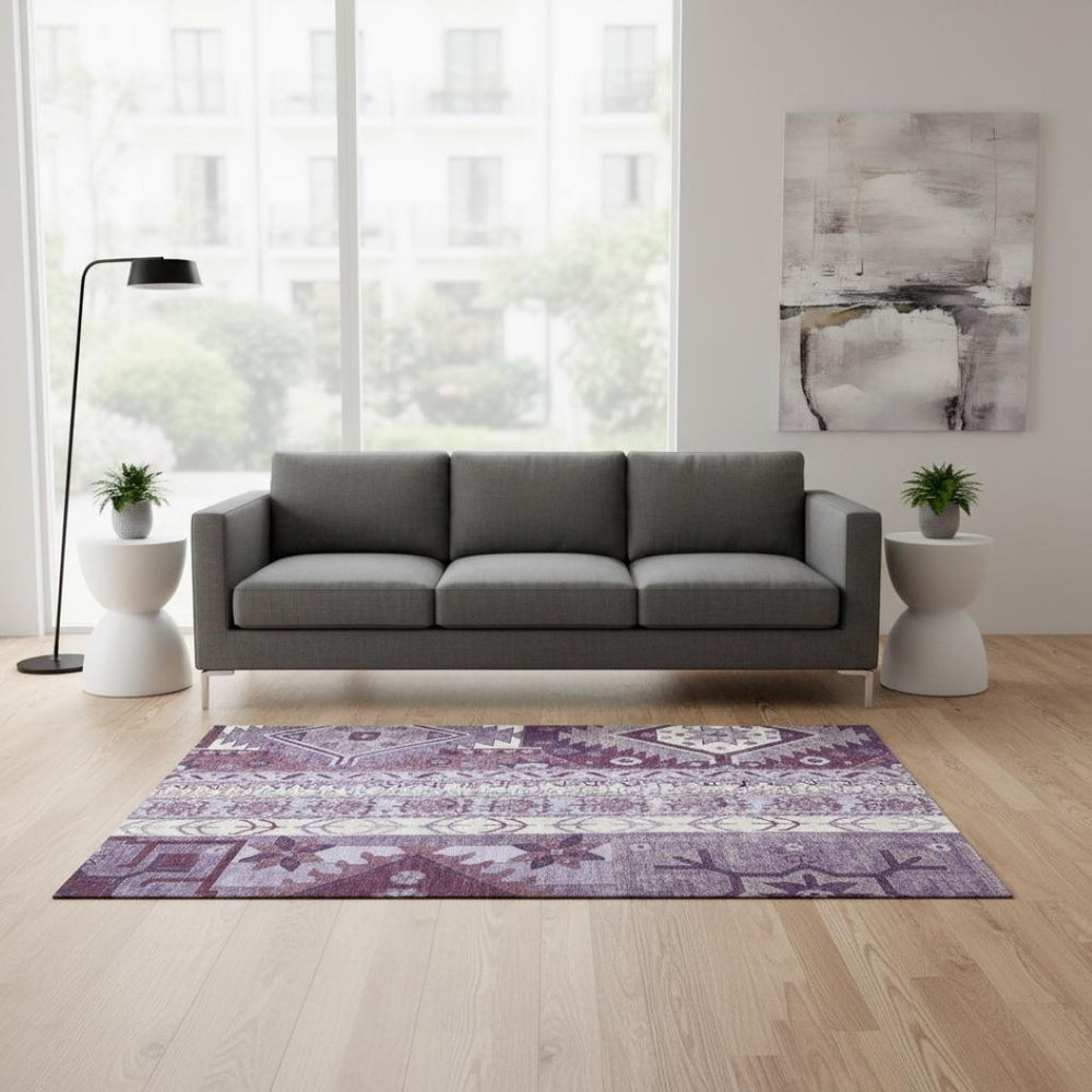 HomeRoots 5' X 8' Southwestern Washable Area Rug in Purple, Ivory, Gray - UV Protected & Stain-Resistant Design 679656