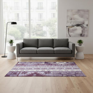 HomeRoots 5' X 8' Southwestern Washable Area Rug in Purple, Ivory, Gray - UV Protected & Stain-Resistant Design 679656