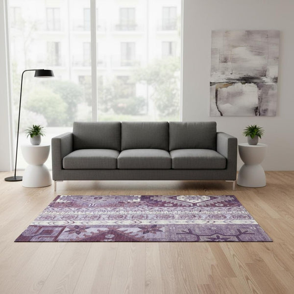 HomeRoots 5' X 8' Southwestern Washable Area Rug in Purple, Ivory, Gray - UV Protected & Stain-Resistant Design 679656