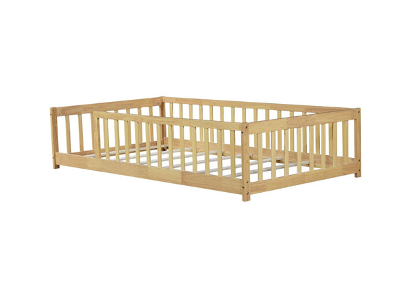 English Elm Twin Size Rubberwood Floor Bed with Safety Fence for Toddler Rooms Natural Finish W504P370528