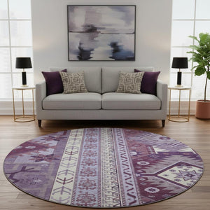 HomeRoots 8' Southwestern Washable Round Rug in Purple, Ivory & Gray - UV Protected, Durable & Stylish Design 679657