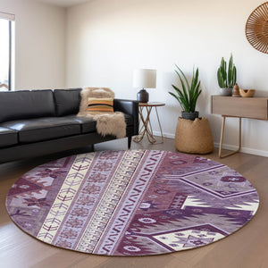 HomeRoots 8' Southwestern Washable Round Rug in Purple, Ivory & Gray - UV Protected, Durable & Stylish Design 679657