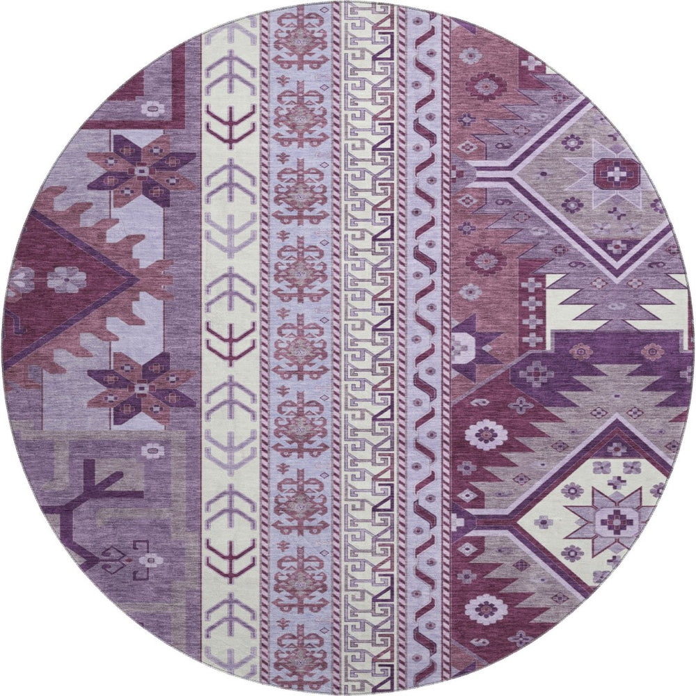 HomeRoots 8' Southwestern Washable Round Rug in Purple, Ivory & Gray - UV Protected, Durable & Stylish Design 679657