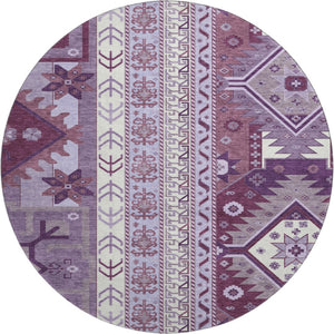 HomeRoots 8' Southwestern Washable Round Rug in Purple, Ivory & Gray - UV Protected, Durable & Stylish Design 679657