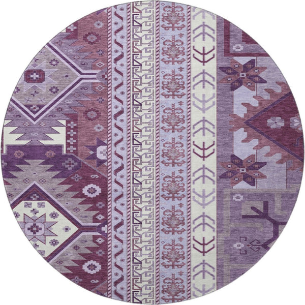 HomeRoots 8' Southwestern Washable Round Rug in Purple, Ivory & Gray - UV Protected, Durable & Stylish Design 679657