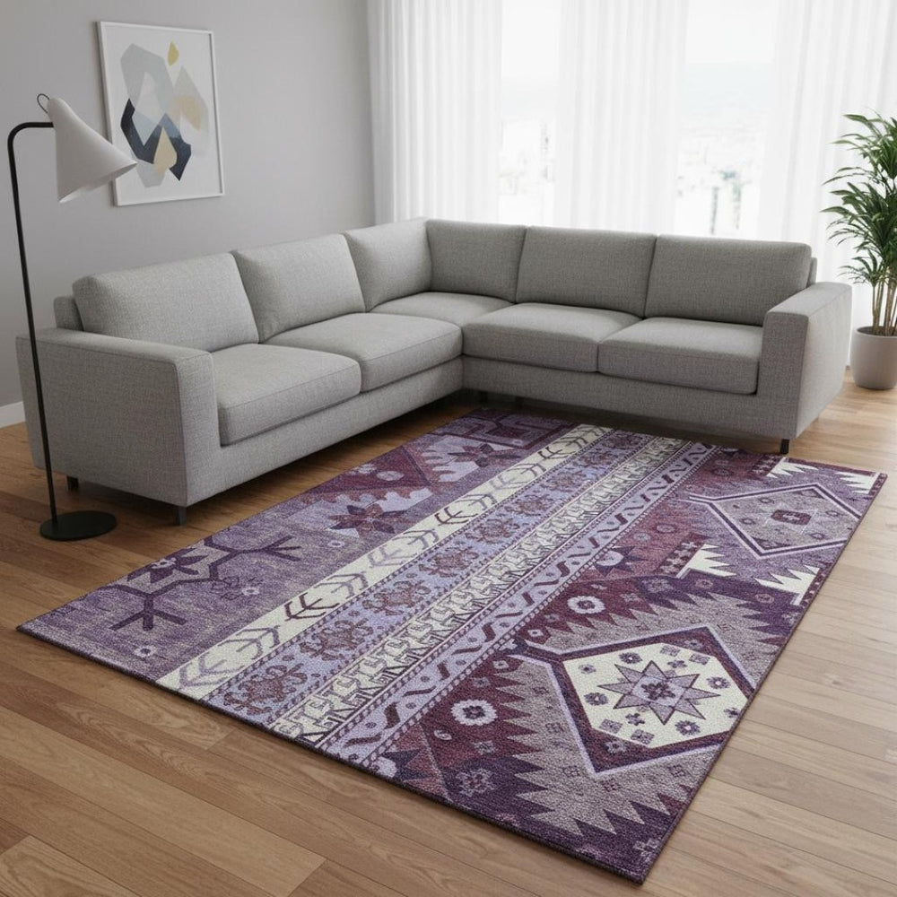 HomeRoots 8' X 10' Southwestern Washable Area Rug in Purple, Ivory & Gray - UV Protected, Stain Resistant Design 679658