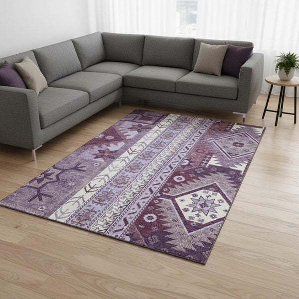 HomeRoots 9' X 12' Purple Ivory Gray Southwestern Area Rug - Durable, Washable, UV Protected & Kid-Friendly! 679659