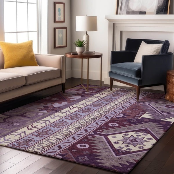 HomeRoots 9' X 12' Purple Ivory Gray Southwestern Area Rug - Durable, Washable, UV Protected & Kid-Friendly! 679659