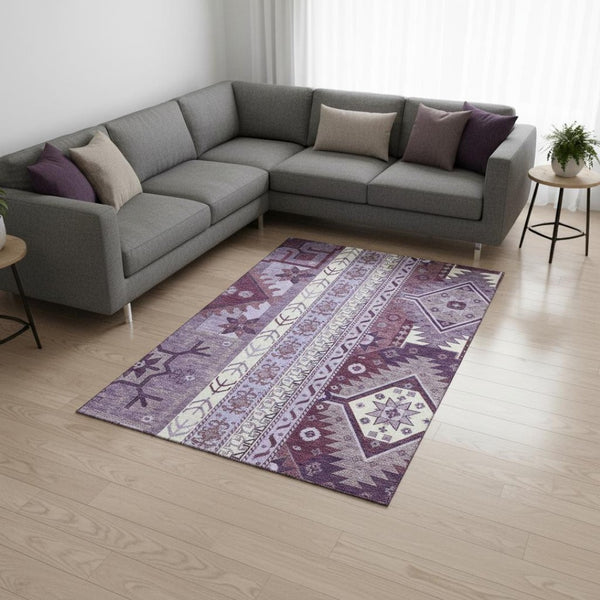 HomeRoots 10' X 14' Southwestern Washable Area Rug in Purple, Ivory & Gray – UV Resistant, Pet-Friendly Design 679660