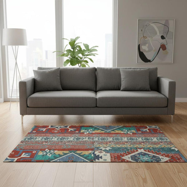 HomeRoots 5' X 8' Southwestern Area Rug in Red, Blue & Green - Washable, UV-Protected & Stain-Resistant Design 679662