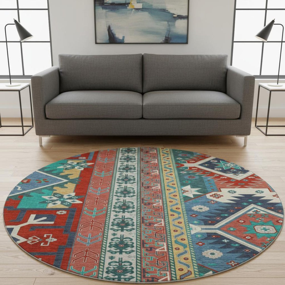HomeRoots 8' Southwestern Washable Round Rug - Vibrant Red, Blue & Green with UV Protection for Every Space 679663