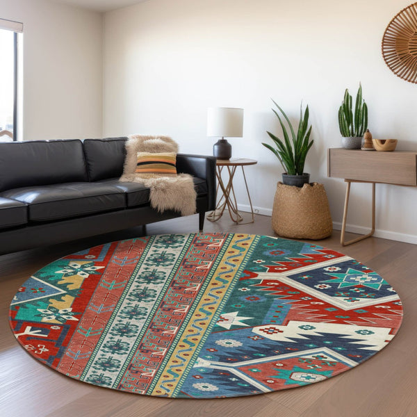 HomeRoots 8' Southwestern Washable Round Rug - Vibrant Red, Blue & Green with UV Protection for Every Space 679663