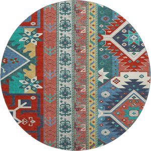 HomeRoots 8' Southwestern Washable Round Rug - Vibrant Red, Blue & Green with UV Protection for Every Space 679663