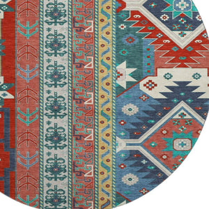 HomeRoots 8' Southwestern Washable Round Rug - Vibrant Red, Blue & Green with UV Protection for Every Space 679663
