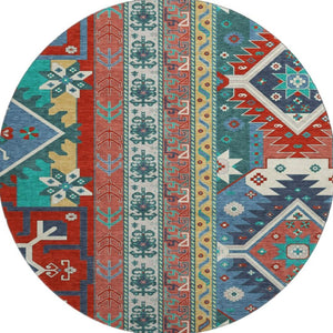 HomeRoots 8' Southwestern Washable Round Rug - Vibrant Red, Blue & Green with UV Protection for Every Space 679663