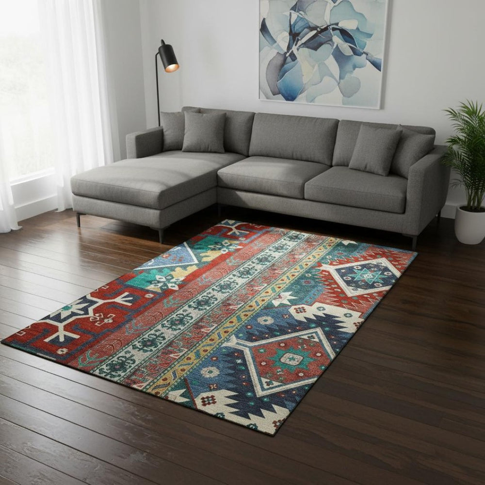 HomeRoots 8' X 10' Southwestern Washable Area Rug - Vibrant Red, Blue & Green with UV Protection for Homes 679664