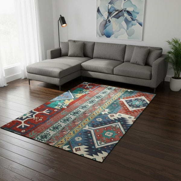 HomeRoots 8' X 10' Southwestern Washable Area Rug - Vibrant Red, Blue & Green with UV Protection for Homes 679664