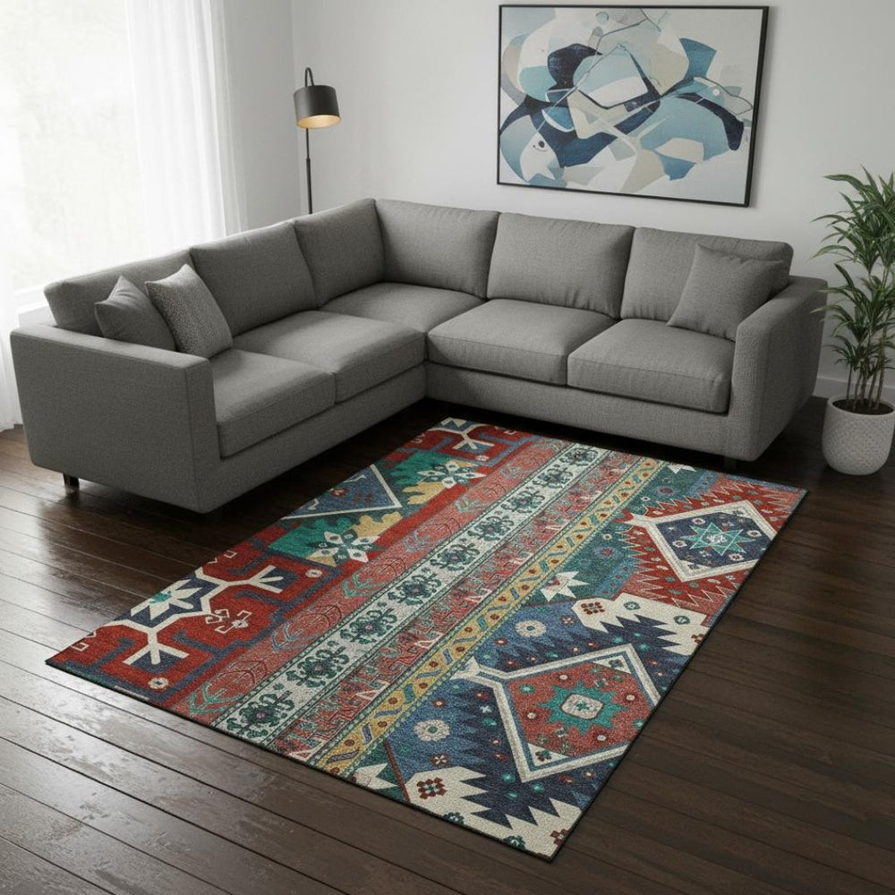 HomeRoots 9' X 12' Southwestern Washable Area Rug - Vibrant Red, Blue, Green Colors with UV & Stain Protection 679665
