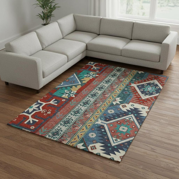 HomeRoots 10' Southwestern Washable Area Rug – Vibrant Red, Blue & Green with UV Protection & Stain Resistance 679666