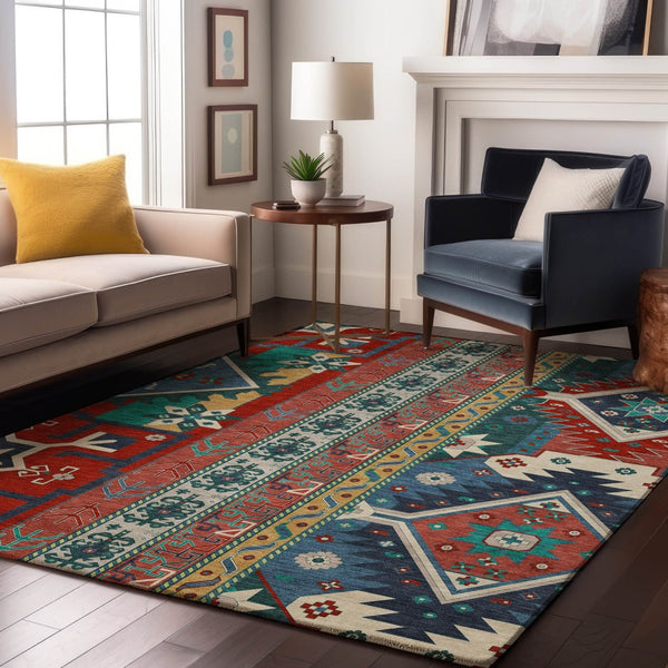 HomeRoots 10' Southwestern Washable Area Rug – Vibrant Red, Blue & Green with UV Protection & Stain Resistance 679666