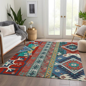HomeRoots 10' Southwestern Washable Area Rug – Vibrant Red, Blue & Green with UV Protection & Stain Resistance 679666