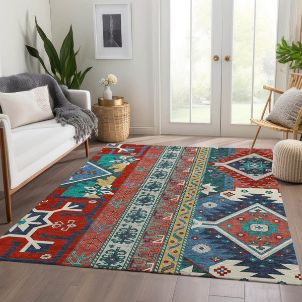 HomeRoots 10' Southwestern Washable Area Rug – Vibrant Red, Blue & Green with UV Protection & Stain Resistance 679666