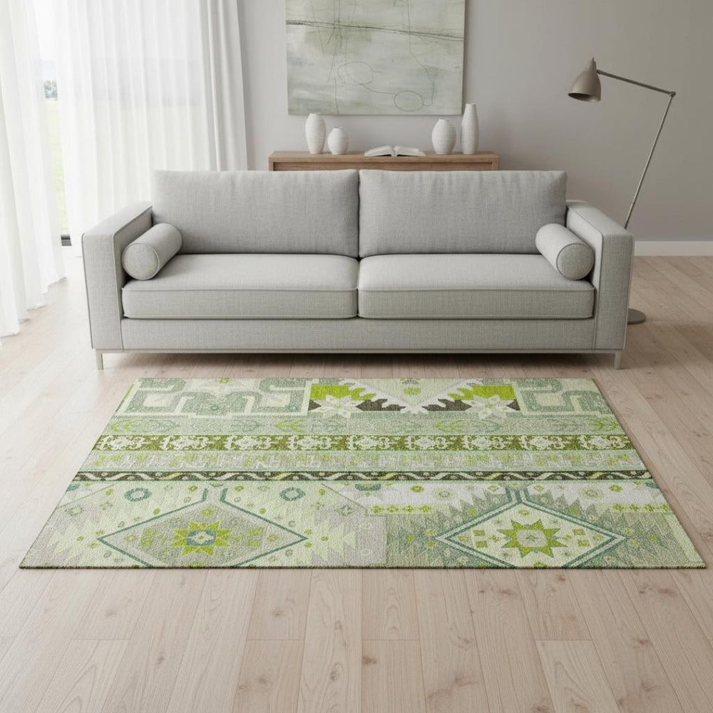 HomeRoots 5' X 8' Sage Ivory & Lime Green Southwestern Area Rug - Stain-Resistant, UV-Protected, Durable Design 679668