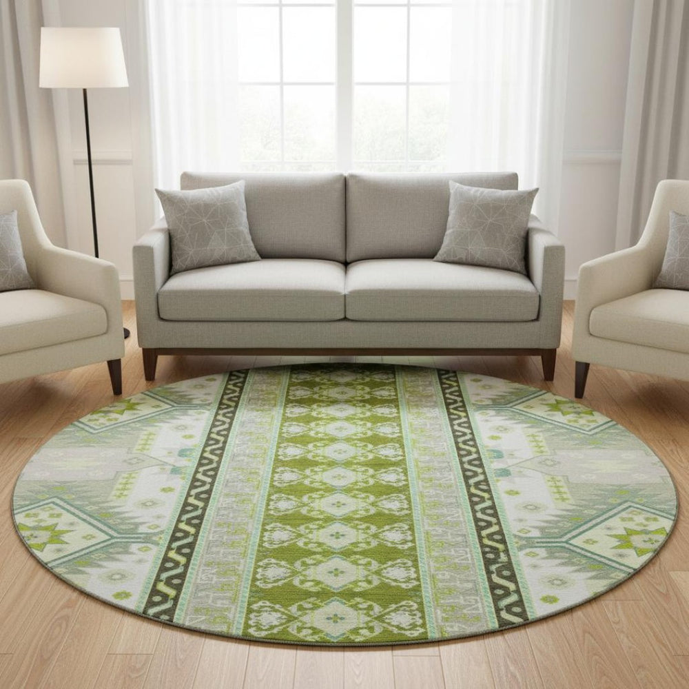 HomeRoots 8' Sage Ivory and Lime Green Southwestern Round Rug - Washable, UV Protected & Stain Resistant! 679669