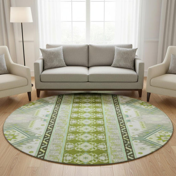 HomeRoots 8' Sage Ivory and Lime Green Southwestern Round Rug - Washable, UV Protected & Stain Resistant! 679669